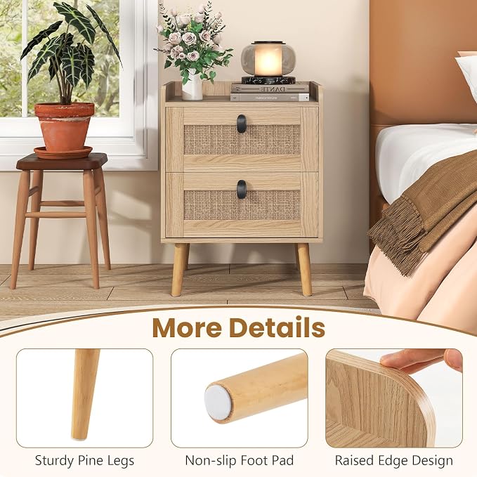 Giantex Rattan Nightstand with 2 Drawers, Boho End Table with 4 Solid Wood Legs, Mid-Century Modern Bedside Table with Storage, Wooden Night Stand for Small Spaces Bedroom, Natural - Image 6