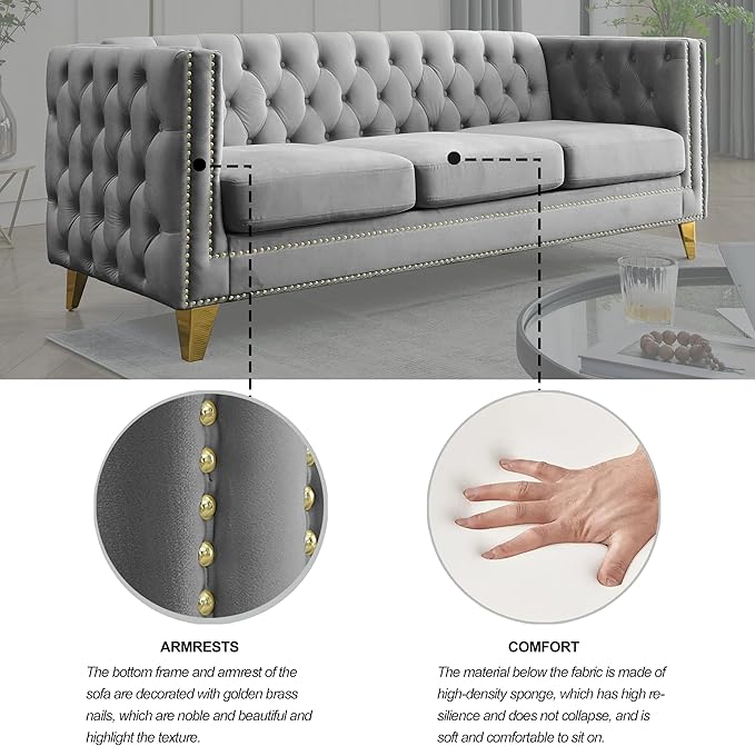 KEIKI Tufted Velvet 3 Seat Sofa Couch for Living Room, Buttons Tufted Square Arm Couch for Home Apartment, Gray