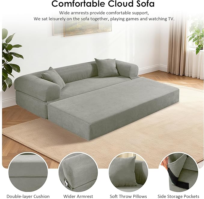 80" Convertible Sofa Bed, Corduroy Deep Seat Folding Pull Out Couch with Pillows, No Assembly Modern Boneless Couch Compression Sofa in Box, Floor Sofa with Storage Pocket for Living Room,Light Grey