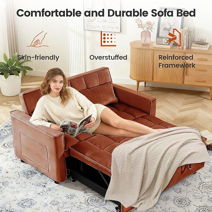 3 in 1 Convertible Sofa Bed, Velvet Fabric Loveseat Sleeper Couch, Modern Pull Out Couch with Side Pockets, Sleeper Sofa Bed with Adjustable Backrest for Living Room, Camel