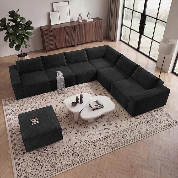 Vesgantti 143.7" Boneless Couch for Living Room, 6 Seater Modular Sectional Sofa with Ottoman & Deep Seat, Convertible Chenille Oversized Cloud Couches, No Assembly Required, Black