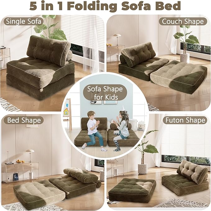 Folding Sofa Bed,Convertible Sleeper Chair for Adults, Folding Sofa Bed Foam Filling Couch with Pillow，Sleeper Chairs Single Size Floor Mattress,Brown