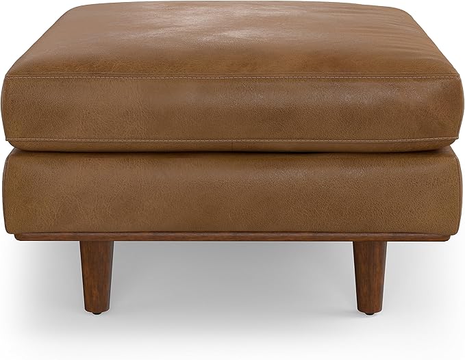 SIMPLIHOME Morrison 33 inch Wide Ottoman in Caramel Brown Genuine Leather, Multifunctional Footrest, Coffee Table, and Extra Seating for Living Room, Mid-Century Modern Style
