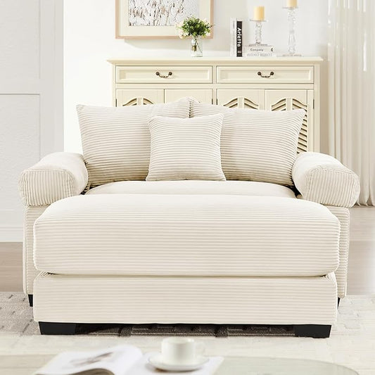 KEIKI 54" Oversized Corduroy Modular Sectional Single Sofa with 1 Ottoman, High-Density Foam Cushions, Extra-Thick Armrests, Modern 1-Seater Lounge Accent Chair with 3 Pillow, for Living Room, Beige