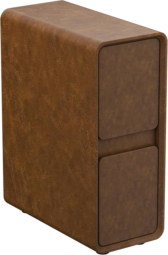 7.8" W Faux Leather Narrow Nightstand, Modern Fully-Assembled Bedside Table with 2 Drawers, Wood Night Stand Small Accent End Table & Side Table for Bedroom, Brown - Image 9