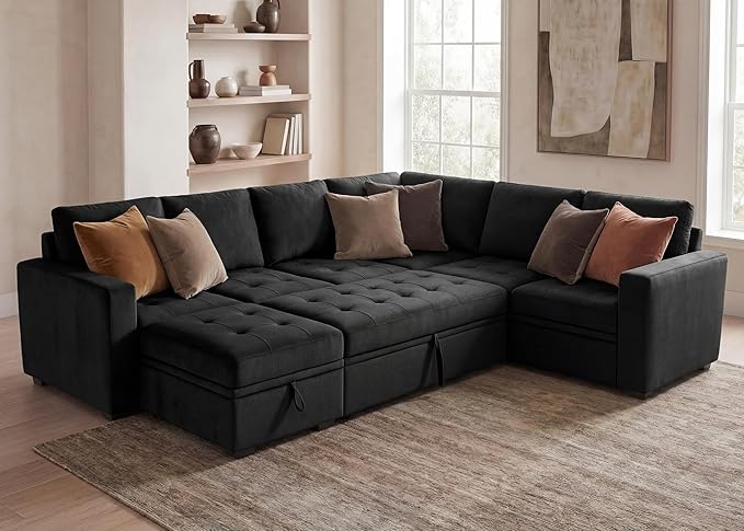 HONBAY Modular Sectional Couch with Pull Out Bed Sleeper Sofa with Storage U Shaped Modular Sectional Couches for Living Room,Velvet Black