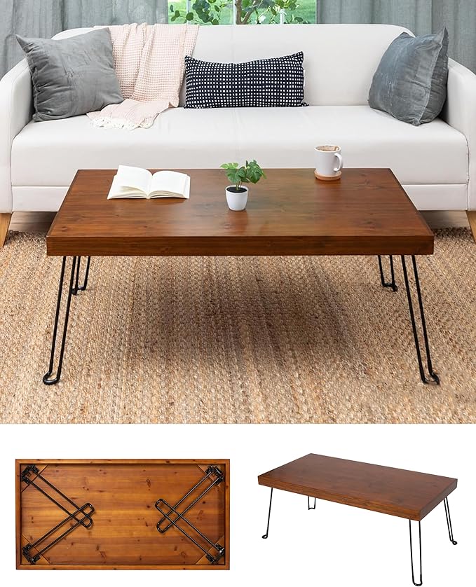 Sleekform Folding Wooden Coffee Table - Collapsible 20x40 Light Wood Mini Desk - Lightweight Foldable Coffee Table for Small Spaces - Fold Up Hairpin Legs - Walnut Wood Finish