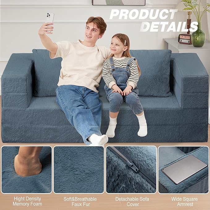 Futon Sofa Bed with Pillow, 3-in-1 Sleeper Sofa Bed with Removable Cover, Convertible Floor Sofa Bed, No Assembly Boneless Couch for Living Room, Bedroom