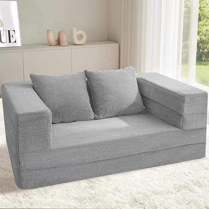 Futon Sofa Bed with Pillow, 3-in-1 Sleeper Sofa Bed with Removable Cover, Convertible Floor Sofa Bed, No Assembly Boneless Couch for Living Room, Bedroom