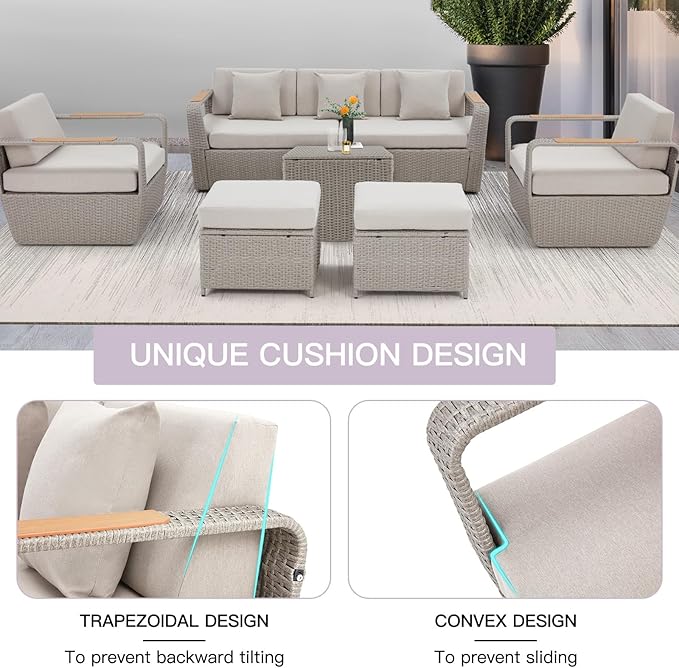 HOMREST 6 Pieces Patio Furniture Set, Outdoor Sectional Conversation Rattan Sofa Set with Ottoman and Outdoor Side Coffee Table for Garden, Porch, Backyard (Light Gray)