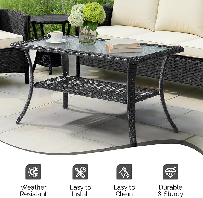 VINGLI Outdoor Coffee Table with Storage Wicker Patio Coffee Table, Tempered Glass Top Coffee Table for Patio Outside Balcony Porch Deck (Black) - Image 6