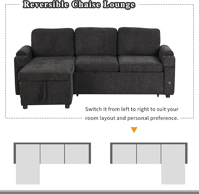 Eafurn 83.5" Sleeper Sectional Sofa with Pull Out Couch Bed, Convertible L-Shaped Sofa with Storage Chaise, Quick Assemble Sleeper Corner Sofa with Cup Holders & USB Ports