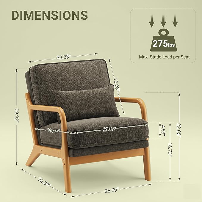 MALOL Accent Chair Set of 2 with Solid Wood Frame, Mid-Century Relaxing Armchair Lumbar Pillow& Soft Cushion, Reading Leisure Chair for Living Room, Bedroom, Waiting Room-Green
