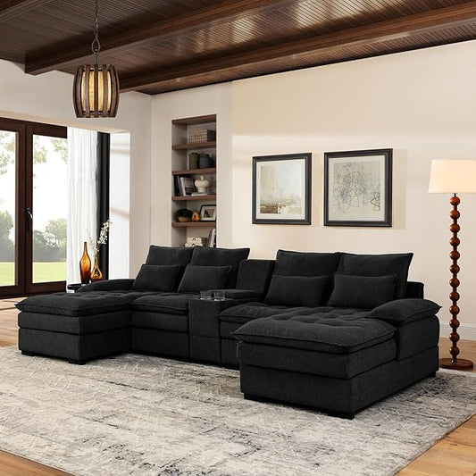 KEIKI U-Shaped 6 seat Sofa with Storage Console, Cup Holders, 130" Upholstered Sectional Sofa, Button Tufted Cloud Cushion Couch for Home, Office, Black