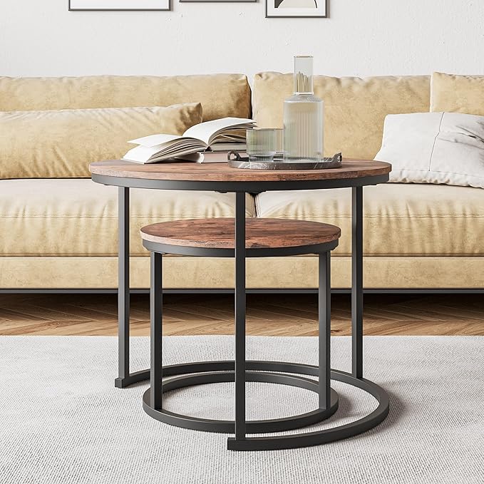 HOJINLINERO Small Coffee Table Living Room, Black Round Coffee Table Nesting Table Set of 2,Metal Frame with Wood Sofa Table,Sturdy and Easy Assembly,Stacking Side Table for Bedroom,Office,Balcony