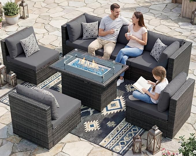 NICESOUL 29.3'' High Back Outdoor Patio Sectional Furniture Sofa Set with Fire Pit Table Natural Gas/Propane, 7 Piece Luxury Extra-Large Wicker Conversation, Deep Wide Couches for Backyard, Dark Gray