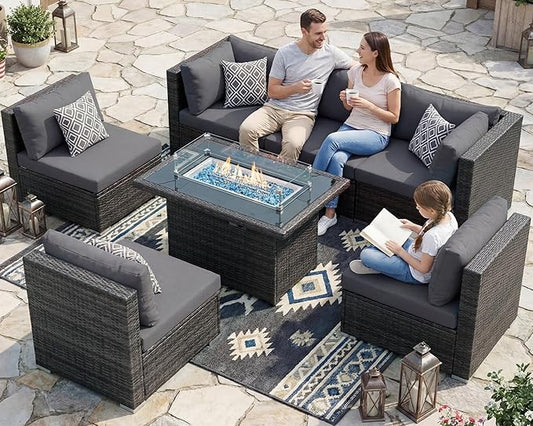 NICESOUL 29.3'' High Back Outdoor Patio Sectional Furniture Sofa Set with Fire Pit Table Natural Gas/Propane, 7 Piece Luxury Extra-Large Wicker Conversation, Deep Wide Couches for Backyard, Dark Gray