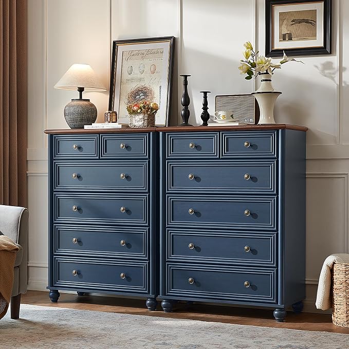 RWYHG Farmhouse 6 Drawer Dresser Set of 2, Blue Chest of Drawers, 43.5" Tall Dressers for Bedroom with Roman Column and Metal Handles, Rustic Wood Storage Organizer for Living Room, Hallway, Closet by RWYHG