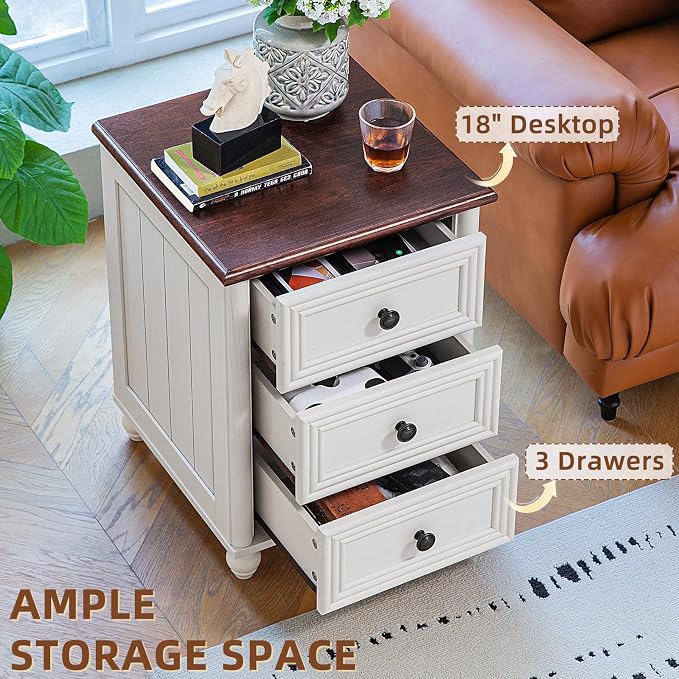 RWYHG 18" Farmhouse Night Stand, White Wood Nightstand with 3 Drawers, Bedside End Table with Storage and Roman Column, Bed Side Tables Cabinet for Bedroom, Living Room, and Closet - Image 5