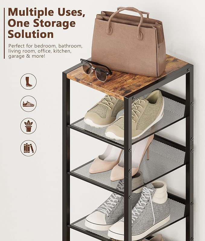 8 Tiers Vertical Shoe Rack, Corner Shoe Storage Organizer, Narrow Shoe Tower for 6 Pairs, Space Saving Sturdy Metal Shoe Shelf, Adjustable, Freestanding, for Entryway, Hallway, Living Room, Bedroom - Image 7