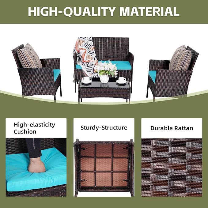 Patio Furniture Set 4 Pieces, Outdoor Rattan Furniture with Tempered Glass Coffee Table, Modern Rattan Patio Chairs Conversation Sets with Sofa for Garden, Terrace, Porch, Lawns Brown/Blue