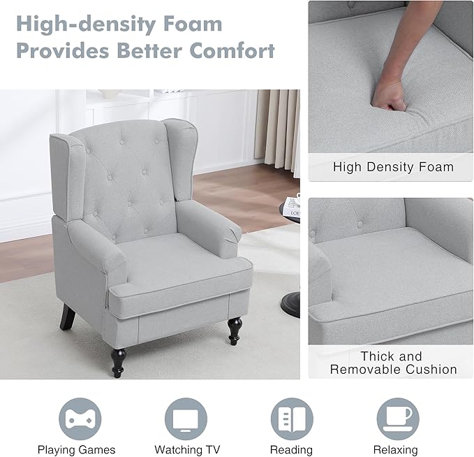 Accent Chair Set of 2, Mid Century Modern Fabric Wingback Chair, Upholstered Armchair with High Back and Vintage Legs, Comfy Single Sofa Side Reading Chair for Living Room Bedroom, Light Grey