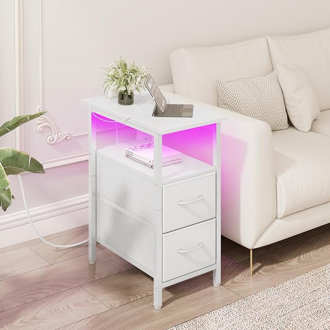 Vagusicc White Nightstand with Charging Station and LED Lights, Narrow Side Table, LED Night Stand with 2 Fabric Drawers, Bedside Table with USB Ports and Outlets, Tall Nightstand for Bedroom, White - Image 2