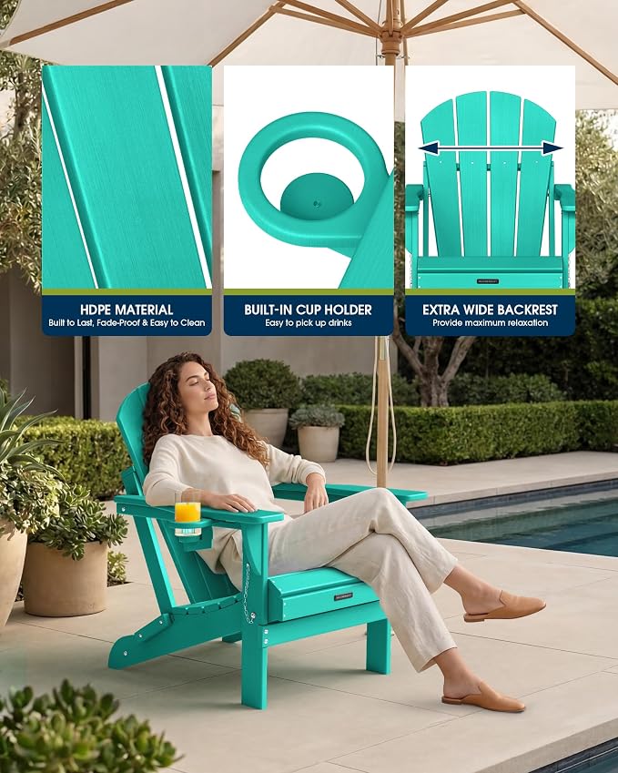 MUCHENGHY Folding Adirondack Chairs 4 Pack, Patio Chairs, Outdoor Chairs, Adirondack Chair Plastic, Fire Pit Chairs, Weather Resistant with Cup Holder for Deck, Backyard, Garden(Lake Blue) - Image 8