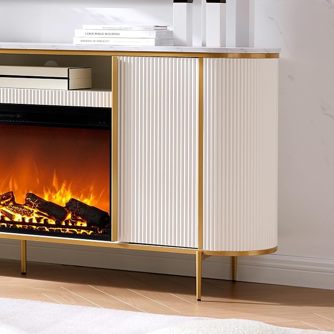 OKD Luxury 70" Fluted Fireplace TV Stand, Modern Chic Entertainment Center for TVs Up to 80 inches, TV Console with Faux Marble Top, Curved Profile Design, Media Console for Living Room, Off White - Image 5