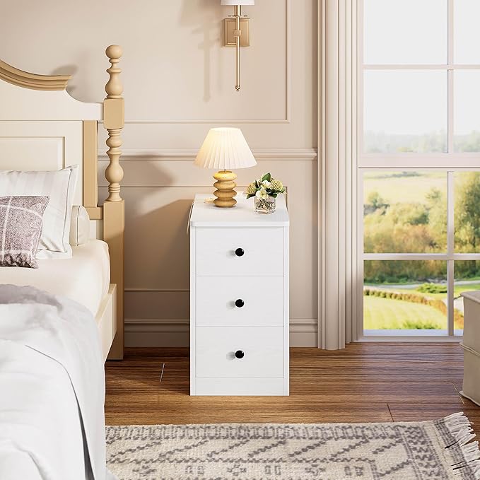 LIKIMIO Nightstand with Charging Station, Narrow Bedside Table with 3 Drawers, End Table with USB Ports and Outlets, Side Table for Living Room/Bedroom Modern - Image 2