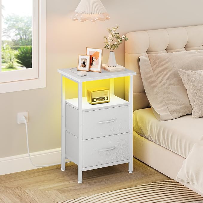 Vagusicc White Night Stand with Charger Station, LED Nightstand with 2 Fabric Drawers, Bedside Table with USB Ports and Outlets, Bed Side Tables with Storage Shelf, 24.2" Tall Nightstand for Bedroom - Image 2