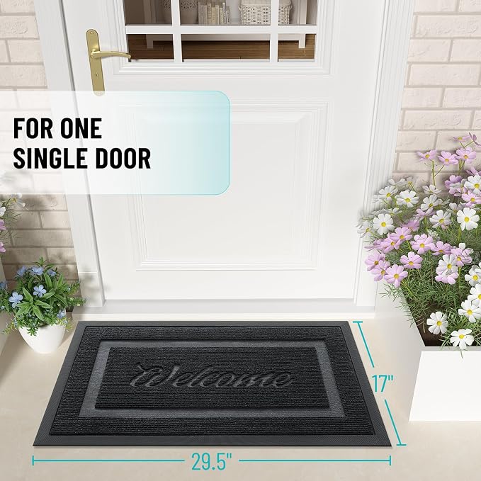OLANLY Welcome Front Door Mat Indoor Outdoor Entrance, Waterproof All-Season, All-Weather Doormat, Sturdy Natural Rubber, Low Profile, Easy Clean Patio Porch Entryway Mat, 29.5x17, Black - Image 2