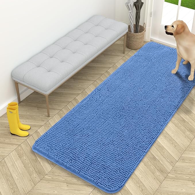 OLANLY Dog Door Mat for Muddy Paws 59x24, Absorbs Moisture and Dirt, Absorbent Non-Slip Washable Doormat, Quick Dry Chenille Mud Mat, Entry Indoor Entryway Carpet for Inside Floor, Cornflower Blue by OLANLY