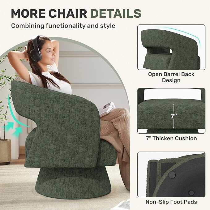Nebuaegis Swivel Accent Chair, Modern Comfy Chenille Barrel Chairs, Oversized Upholstered Round Arm Chair for Living Room, Bedroom, Reading Room, Green, 1 PCS