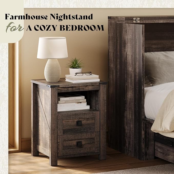 AMERLIFE 18" Farmhouse Nightstand Set of 2, Wooden Bedside Table with 2 Drawers & Open Shelf, Rustic End Table for Bedroom/Living Room, Black Oak - Image 3