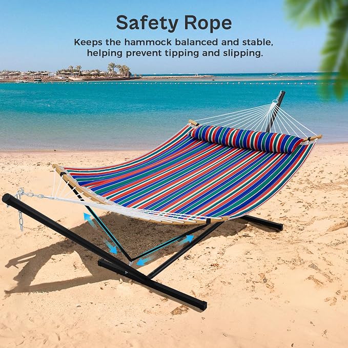 SUPERJARE Curved-Bar Hammock with Stand, 2 Person Heavy Duty Hammock Frame, Detachable Pillow & Portable Carrying Bag, Perfect for Outdoor & Indoor, Retro Blue and Green - Image 5
