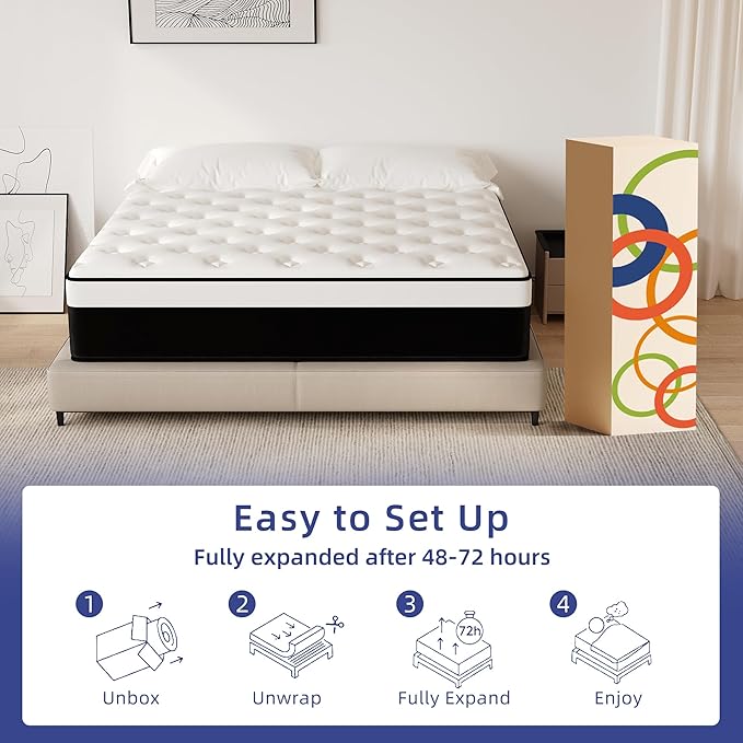 Queen Mattress, 12 Inch Queen Hybrid Mattress in a Box with Memory Foam, Medium Firm, Euro Top, Reinforced Edge Support, Pressure Relief & Motion Isolation, CertiPUR-US Certified
