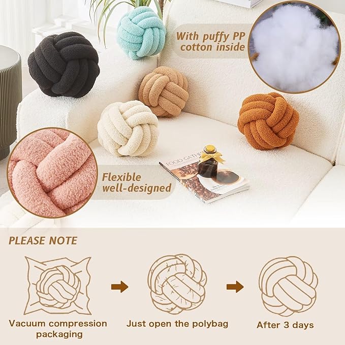 LUSJNGE Decorative Throw Knot Pillow Ball for Home Chair Sofa Couch Bed Aesthetic Round Decor Pillows Lambswool Knotted Pillow Cushion (Khaki, 8inches)