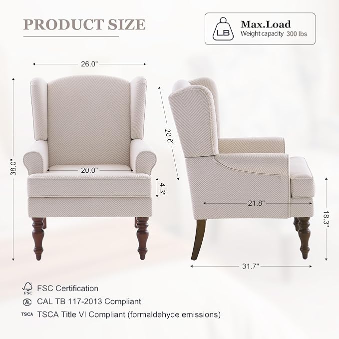 HUIMO Printed Wingback Accent Chair, Linen Upholstered High Back Armchair, Comfy Reading Chair for Living Room Bedroom Study, 300lbs Weight Capacity (1, Tan with Lines)