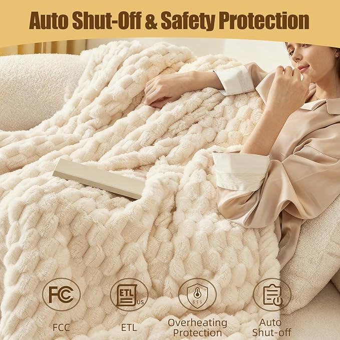 Eastsora Heated Blanket Throw 50" x 60" Soft Ribbed Faux Fur Flannel Fast Heating 12 Heat Levels 1–12H Timer & Overheat Protection & Auto Shut-Off & ETL FCC & Machine Washable Heated Throw