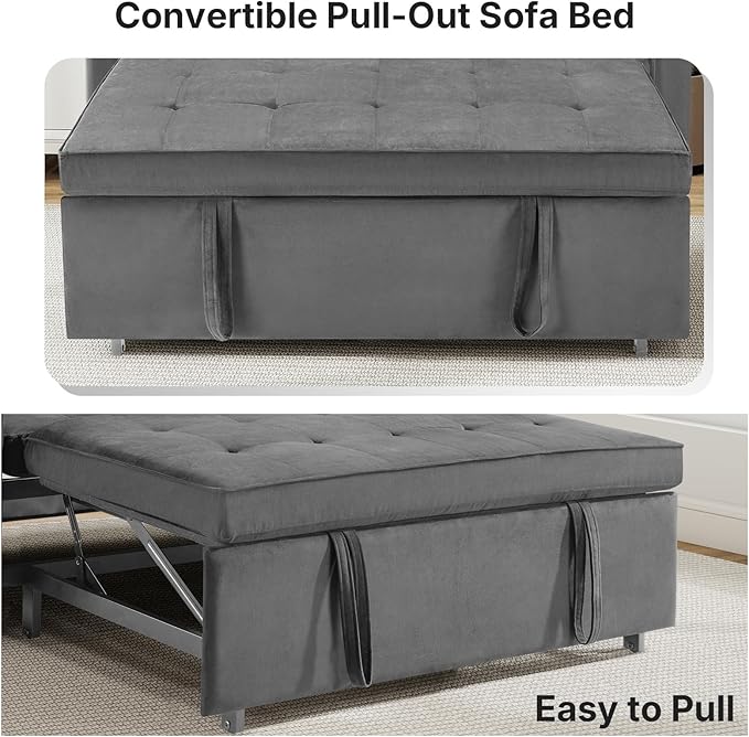 Rovibek 3-in-1 Velvet Sleeper Sofa Bed, Convertible Pull Out Couch for Living Room with Adjustable Backrest, Side Pockets, Velvet Fabric Loveseat Sofa for Apartment, Grey