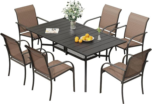 VICLLAX Patio Table and Chairs Set for 6, Patio Furniture Set of 6 Patio Stackable Dining Chairs and Outdoor Metal Table with Umbrella Hole for Backyard Lawn Garden, Brown Chairs and Black Table by HOME