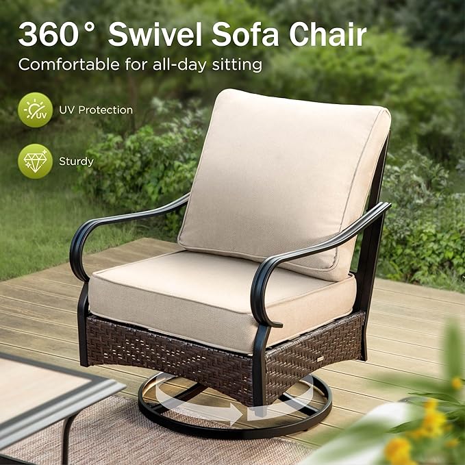 PHI VILLA 4-Piece Patio Sofa with 56" Fire Pit Table, Premium Wicker Metal Frame with Upgraded Waterproof Thick Cushions for Porch, Poolside, Deck, Beige