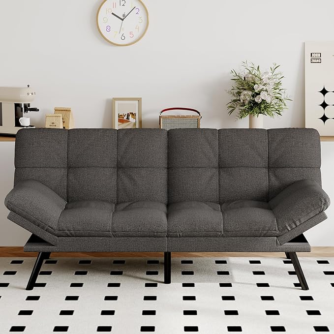 Futon Sofa Bed Convertible Couch, Grey Linen Sofa Bed with Memory Foam, Adjustable Backrest & Armrests, Multifunctional Small Loveseat Sleeper Sofa for Living Room, Apartment, Office