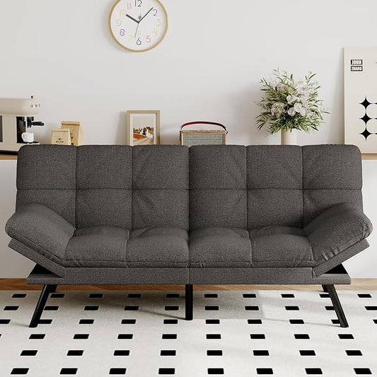 Futon Sofa Bed Convertible Couch, Grey Linen Sofa Bed with Memory Foam, Adjustable Backrest & Armrests, Multifunctional Small Loveseat Sleeper Sofa for Living Room, Apartment, Office