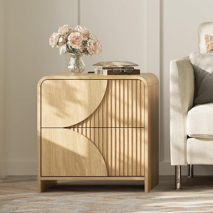 Nightstand Set of 2,Fluted Nightstand with Charging Station,20" Side Table with 2 Drawers Modern Night Stand Wooden End Table Bedside Table with Curved Design for Bedroom,Natural Oak - Image 3