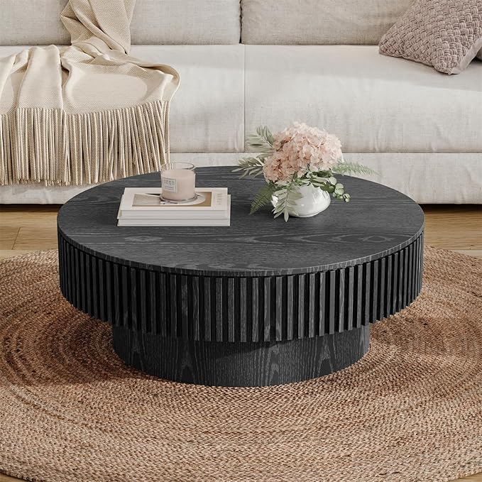 31.5'' Round Coffee Table for Living Room, Fluted Coffee Table with Hidden Storage, Solid Wood Veneered Circle Table, Modern Tea Table for Small Space Apartment (Black)