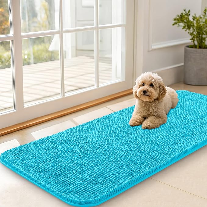 OLANLY Dog Door Mat for Muddy Paws 47x20, Absorbs Moisture and Dirt, Absorbent Non-Slip Washable Doormat, Quick Dry Chenille Mud Mat for Dogs, Entry Indoor Entryway Carpet for Inside Floor, Aqua Blue by OLANLY