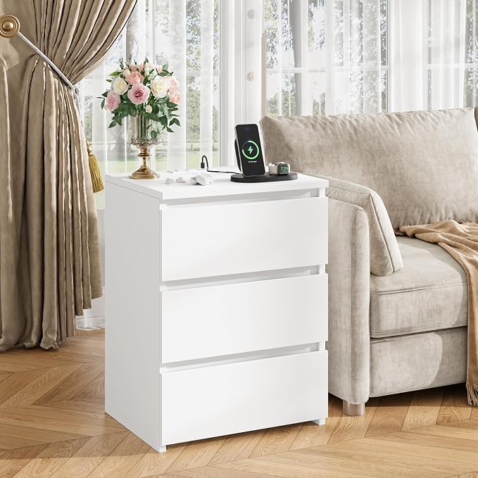 FOTOSOK White Nightstand, 26" H Night Stand with Charging Station, White Nightstand with USB Ports & Power Outlets, Silent Slides, Wooden End Side Table Bedside Table with 3 Drawers for Bedroom - Image 7