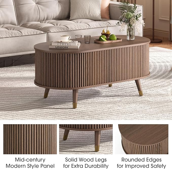 42.5" Oval Lift Top Coffee Table with Storage, Mid Century Modern Walnut Center Table with Fluted Panel, Solid Wood Legs & Hidden Compartment for Living Room